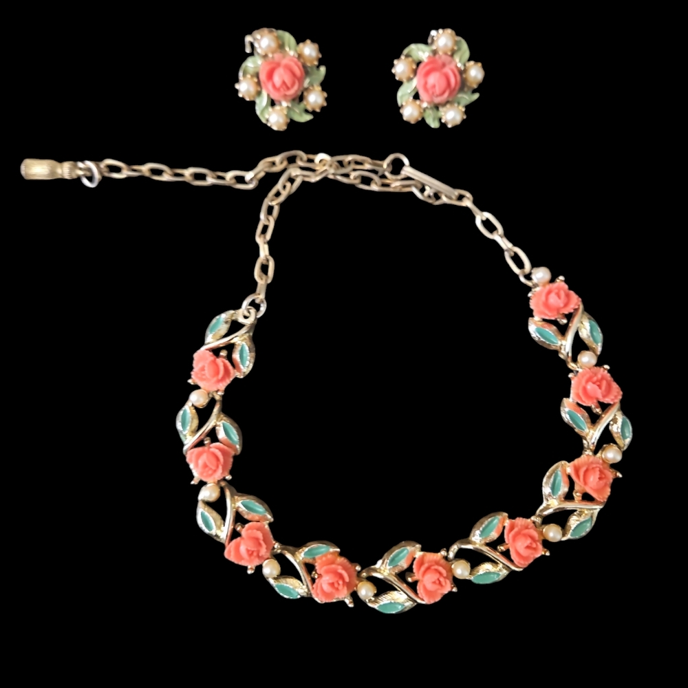 Vintage Celluloid coral rose gold toned necklace & clip earrings